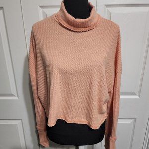 Women's Long Sleeve Turtleneck Cropped Shirt - Orange/Peach - Waffle Material